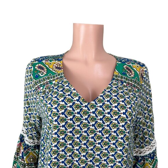 Umgee Womens Boho Tunic Dress SZ M Paisley Multicolor 3/4 Bell Sleeves V-Neck - Picture 12 of 16